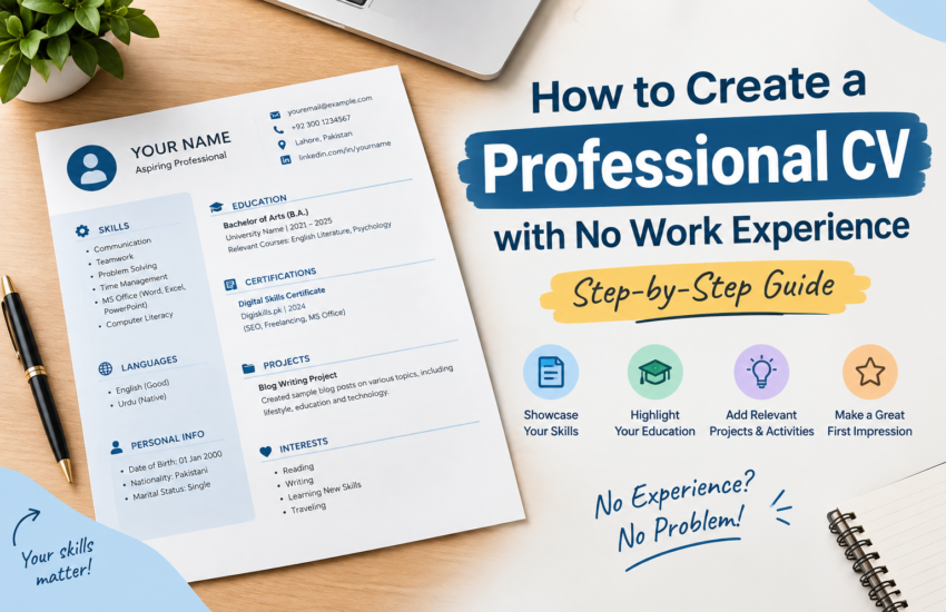 Professional CV example for job seekers with no work experience, showing education, skills, certifications, projects, and interests.