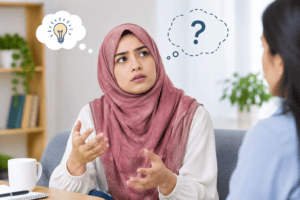 A person forgetting what they were saying during a conversation