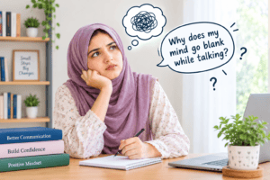 Alt Text: A person thinking about why their mind goes blank while talking
